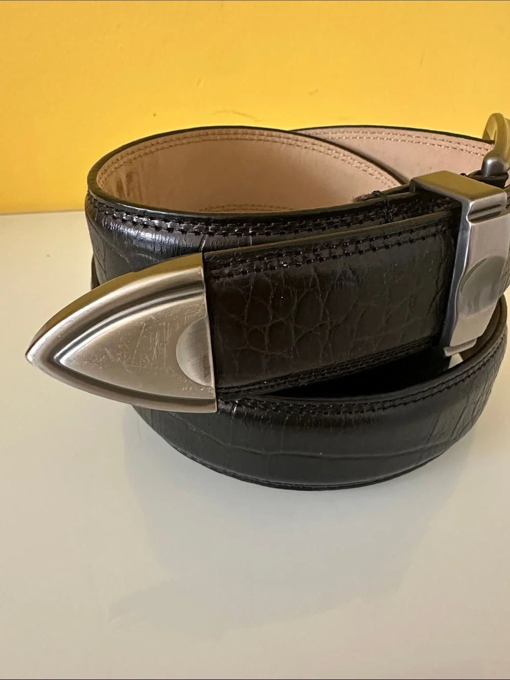 Men's Black Leather Croc Embossed Dress Belt with Brushed Steel Buckle 3XL